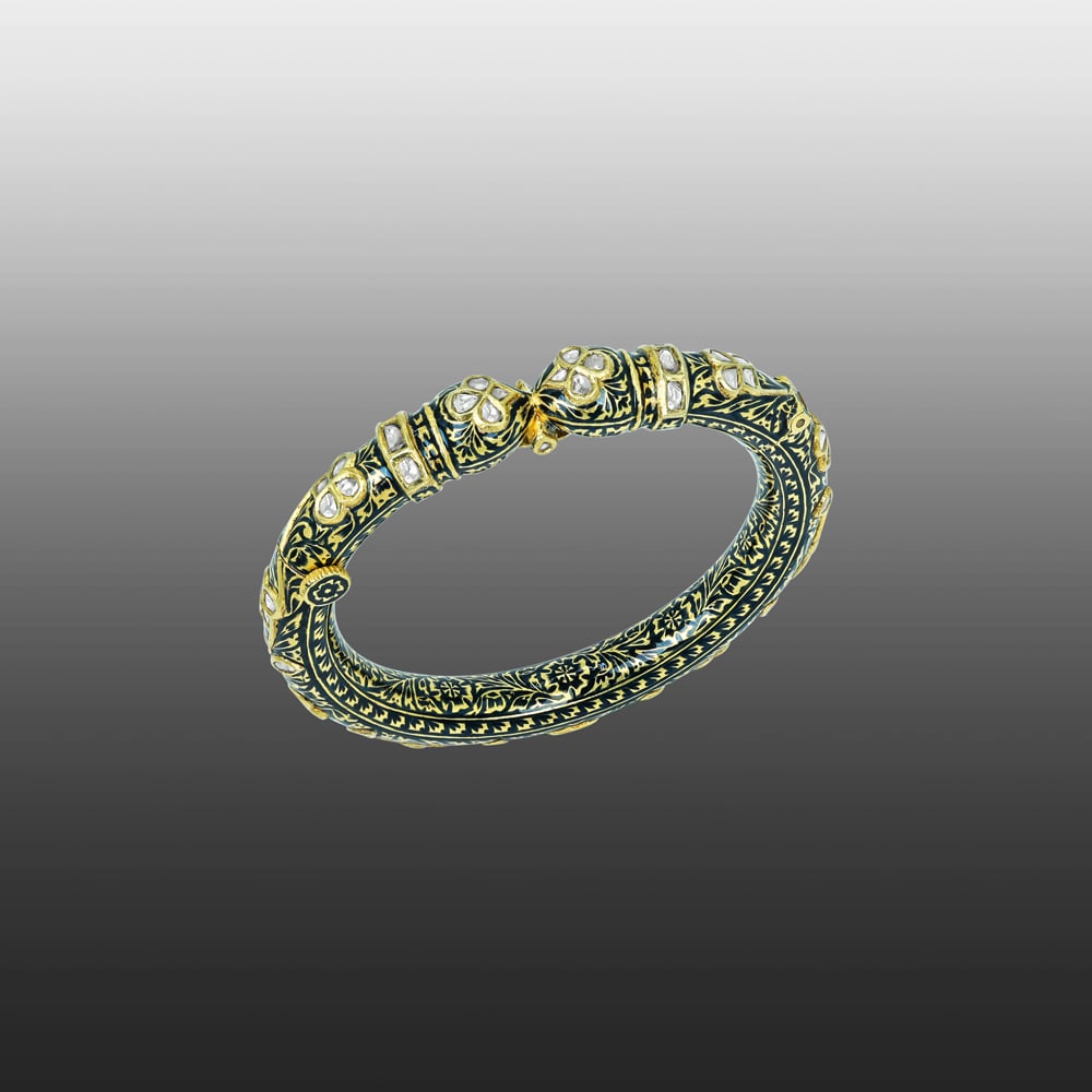 Polki Bangle with Black Enamel and Floral Motifs